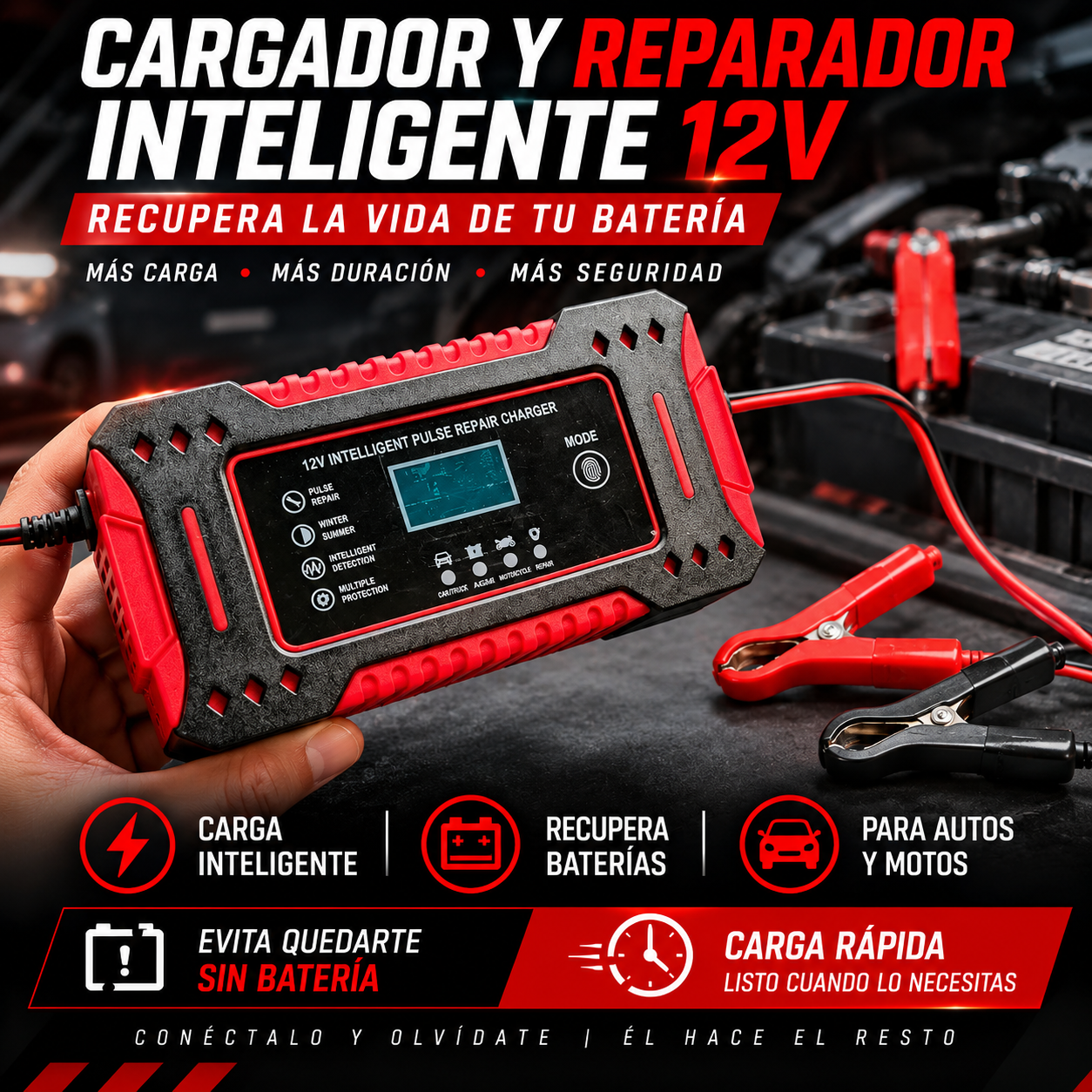 Cargador Inteligente y Reparador de Baterías 12V 6A